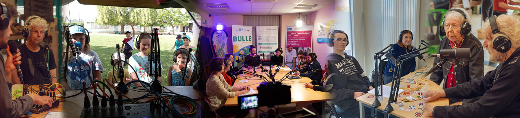 Plateaux radio du Média Van : enfants au micro en plein air, table ronde en studio, interview d'habitants au casque.