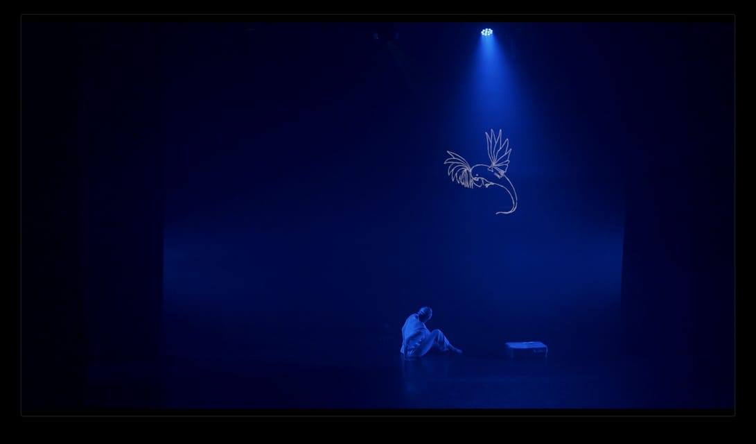 Une scène bleue avec un oiseau dessiné en lumière.